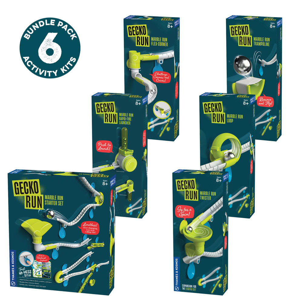 Gecko Run: Marble Run Six-pack Bundle: Starter Set | Rapid-Fire Launcher | Flex-Corner Expansion Pack | Twister | Loop | Trampoline Expansion Pack Marble Runs Thames & Kosmos