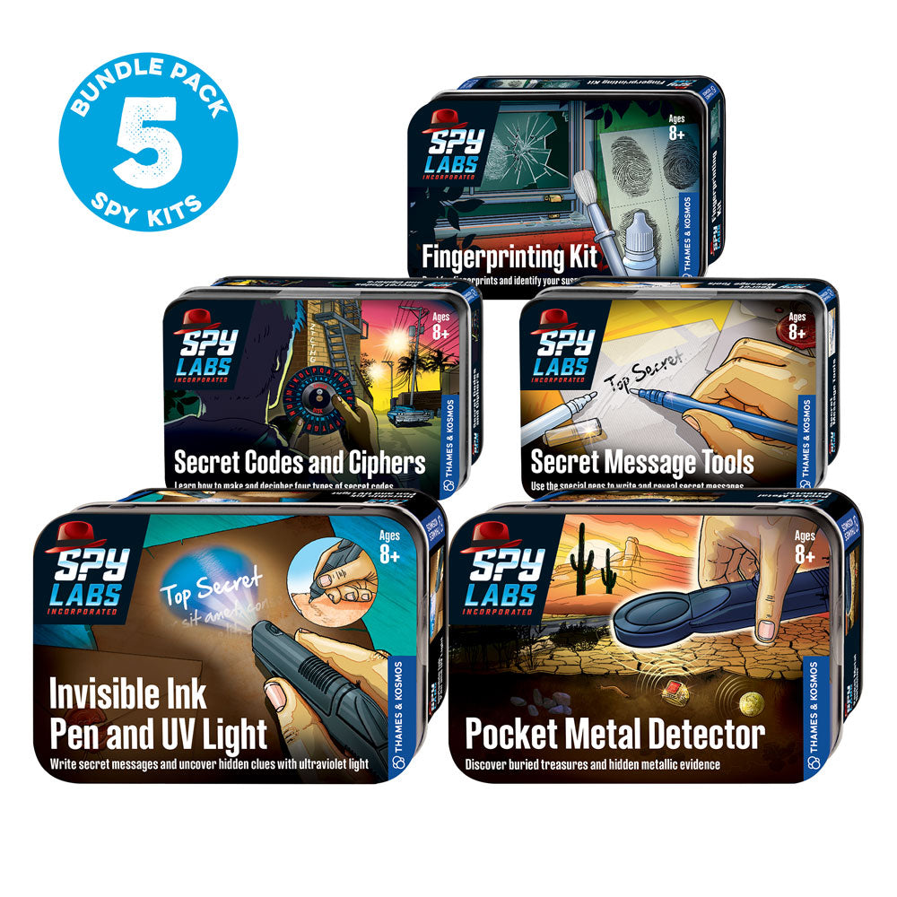 Spy Labs Five-Pack Stocking Stuffer Bundle: Invisible Ink Pen and UV Light | Pocket Metal Detector | Secret Codes and Ciphers | Secret Message Tools | Fingerprinting Kit Activity Toys Thames & Kosmos