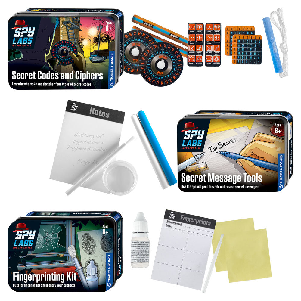 Spy Labs Five-Pack Stocking Stuffer Bundle: Invisible Ink Pen and UV Light | Pocket Metal Detector | Secret Codes and Ciphers | Secret Message Tools | Fingerprinting Kit Activity Toys Thames & Kosmos