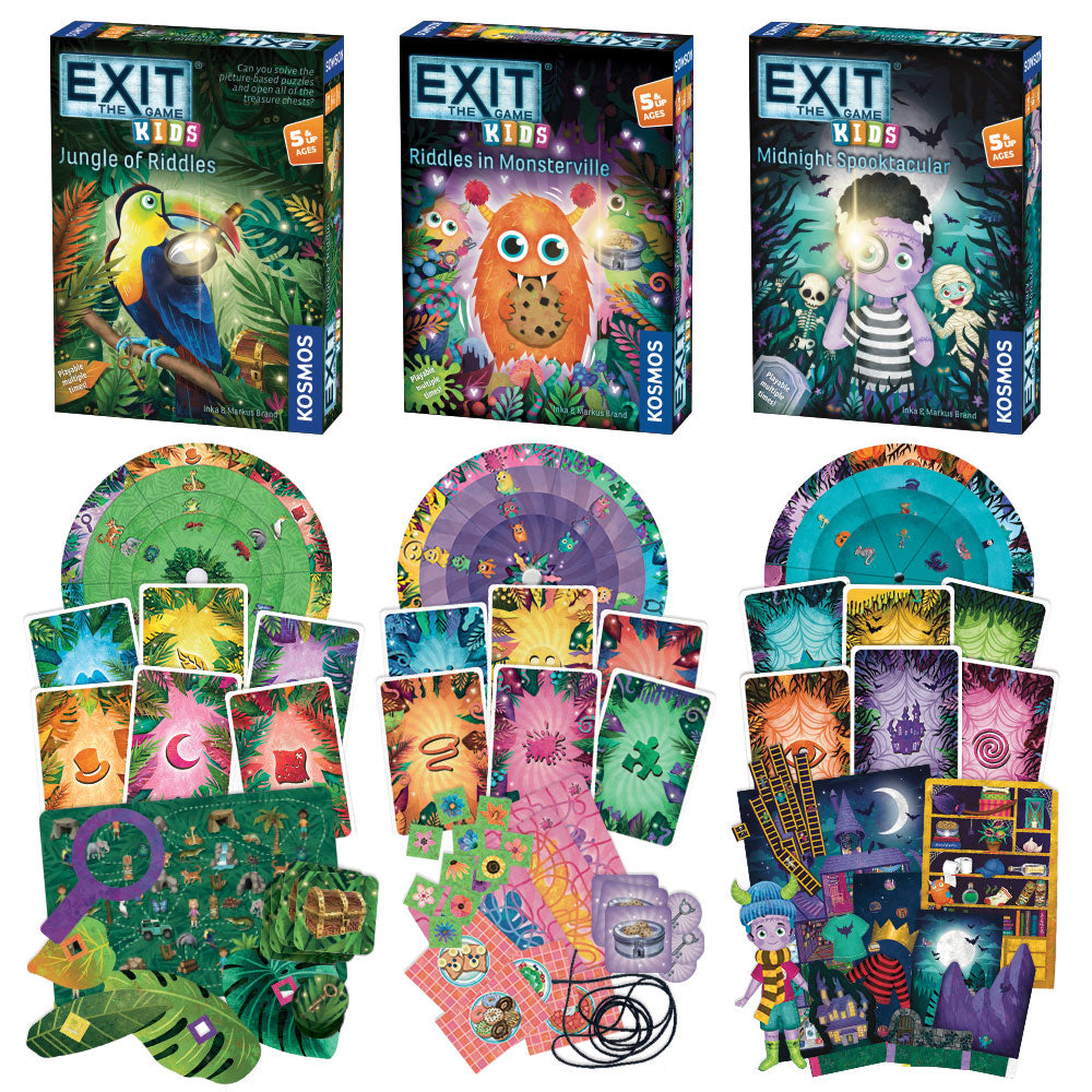 EXIT Game Kids Three-Pack Bundle - EXIT: Kids - The Jungle of Riddles | EXIT: Kids - Riddles in Monsterville| EXIT: Kids - Midnight Spooktacular Games Thames & Kosmos