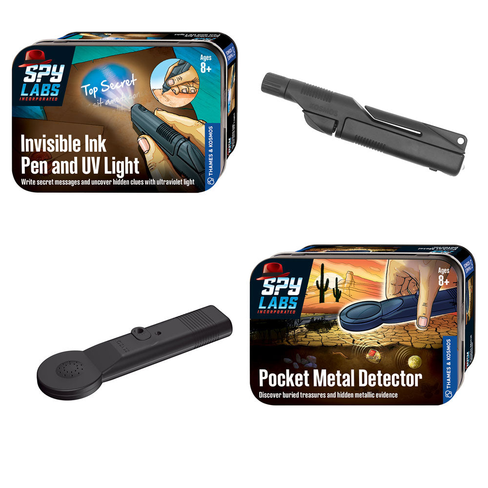 Spy Labs Five-Pack Stocking Stuffer Bundle: Invisible Ink Pen and UV Light | Pocket Metal Detector | Secret Codes and Ciphers | Secret Message Tools | Fingerprinting Kit Activity Toys Thames & Kosmos