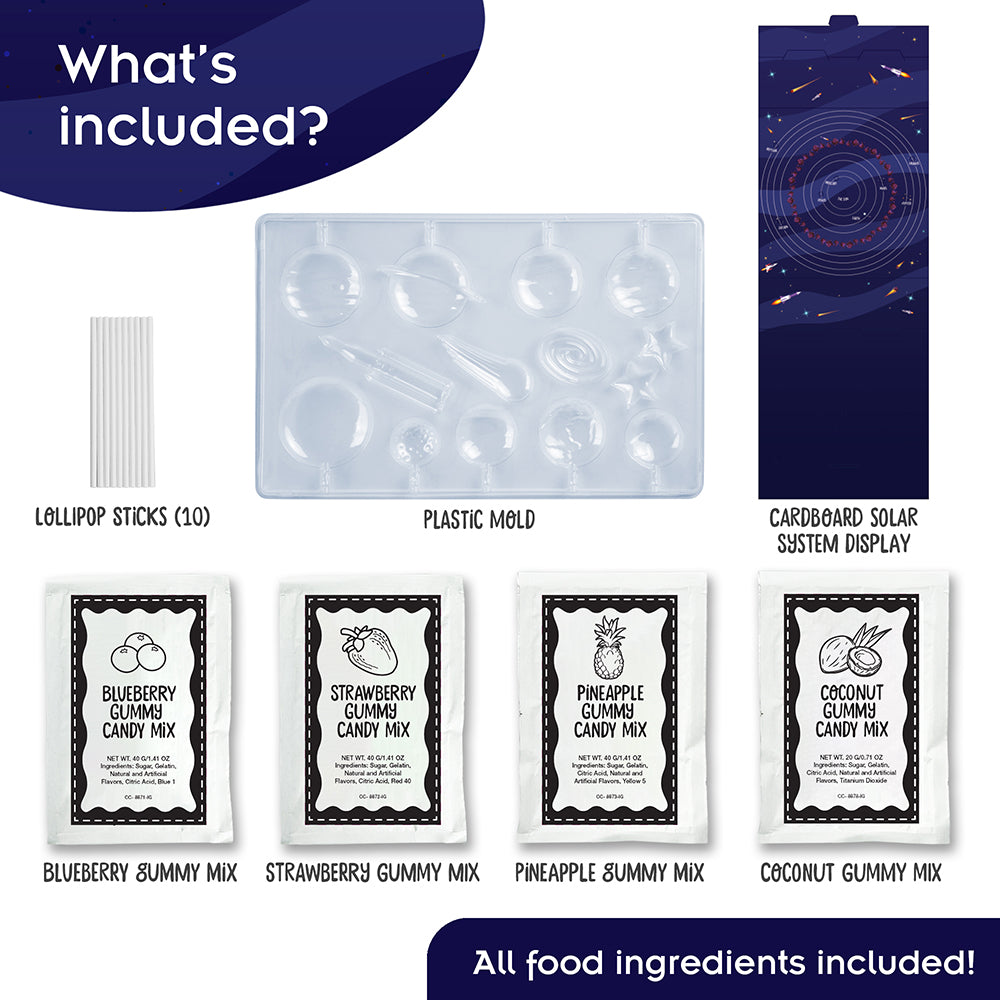 Space Gummies: lollipop sticks, plastic mold, cardboard display, and candy mix labels