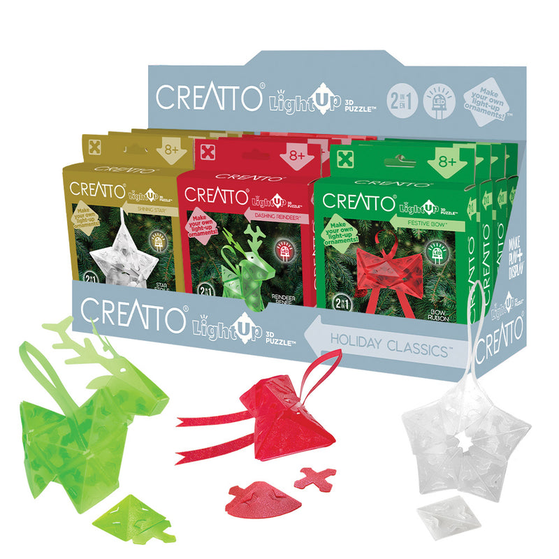 Creatto Holiday Classics 12-Pack Bundle - Dashing Reindeer, Shining Star, and Festive Bow in Display (12 units) Light-Up 3D Puzzles Thames & Kosmos   