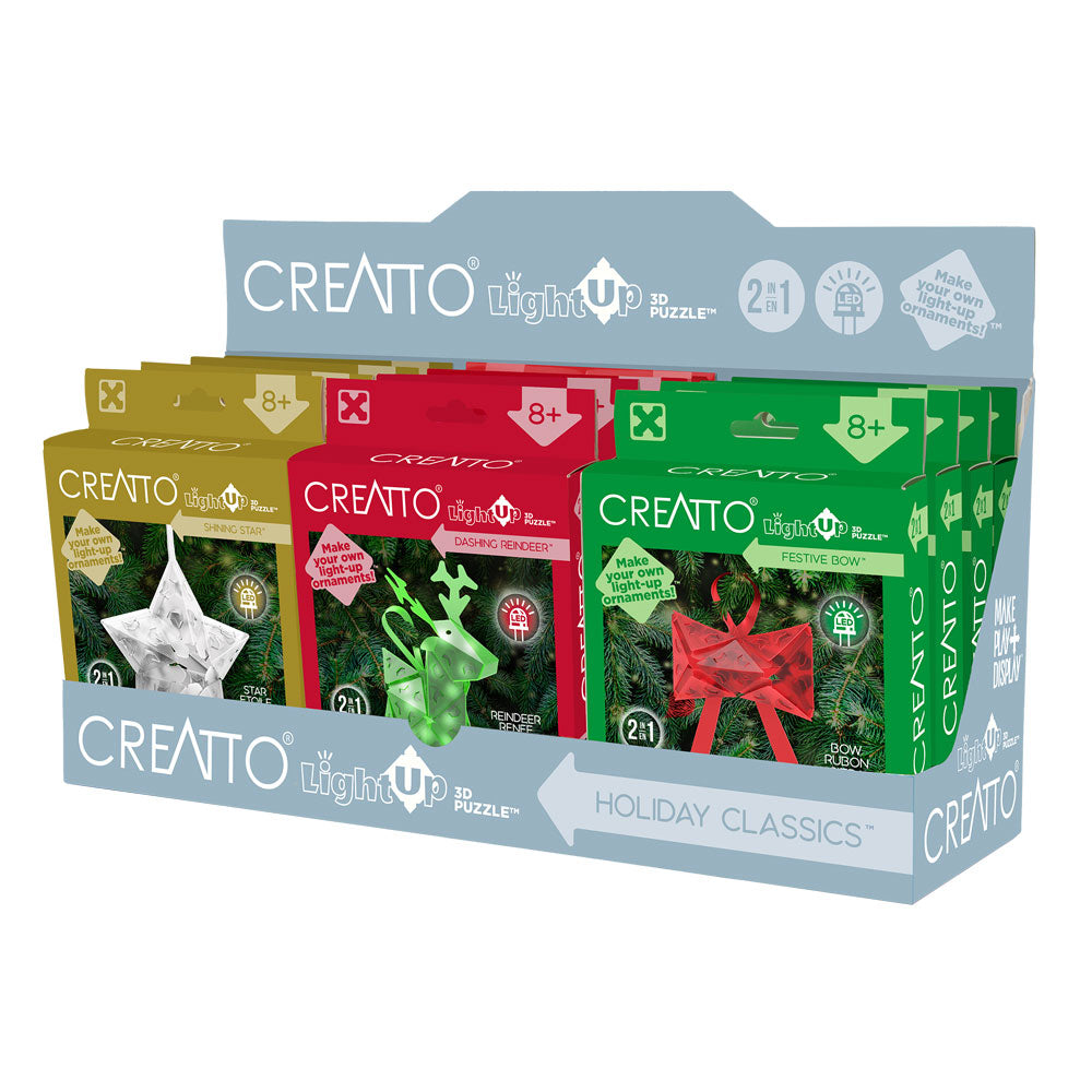 Creatto Holiday Classics 12-Pack Bundle - Dashing Reindeer, Shining Star, and Festive Bow in Display (12 units) Light-Up 3D Puzzles Thames & Kosmos   