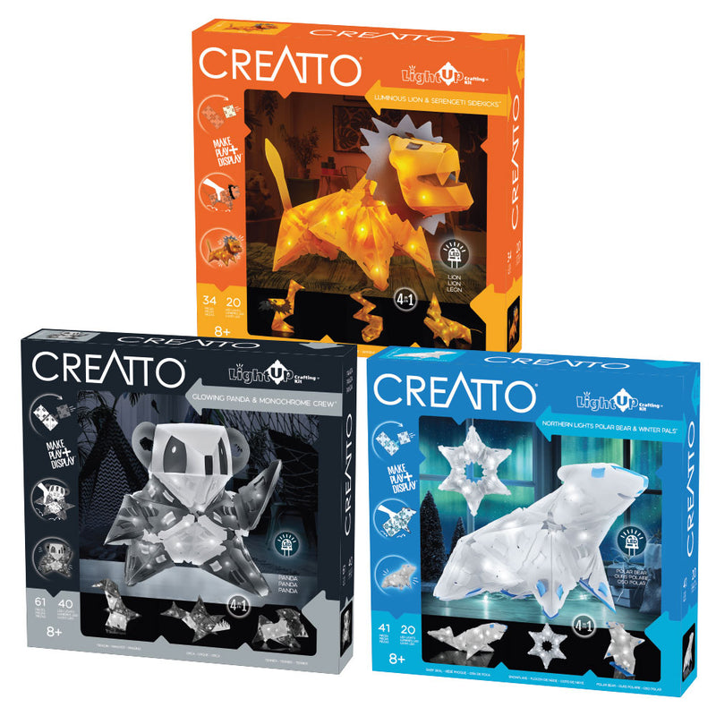 Creatto 3-Pack Bundle: Northern Lights Polar Bear & Winter Pals, Luminous Lion & Serengeti Sidekicks, and Glowing Panda & Monochrome Crew Light-Up 3D Puzzles Thames & Kosmos   