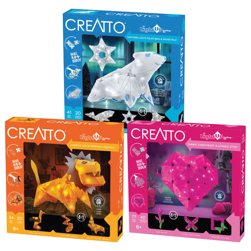 Creatto 3-Pack Bundle: Northern Lights Polar Bear & Winter Pals, Luminous Lion & Serengeti Sidekicks, and Shining Sweetheart & Lovable Stuff Light-Up 3D Puzzles Thames & Kosmos   