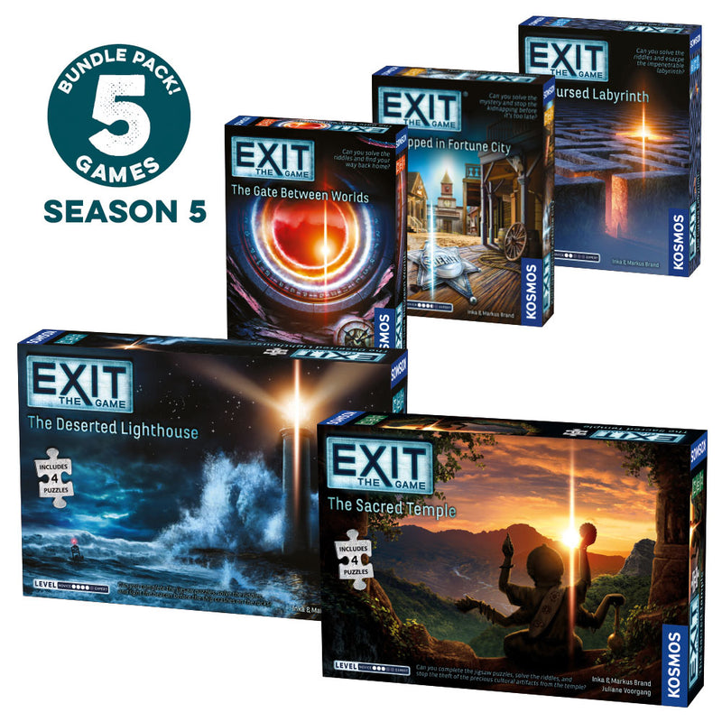 EXIT: The Game, Season 5 Bundle. Five-Pack: Gate Between Worlds, Cursed Labyrinth, Kidnapped in Fortune City, Sacred Temple, Deserted Lighthouse Games Thames & Kosmos   