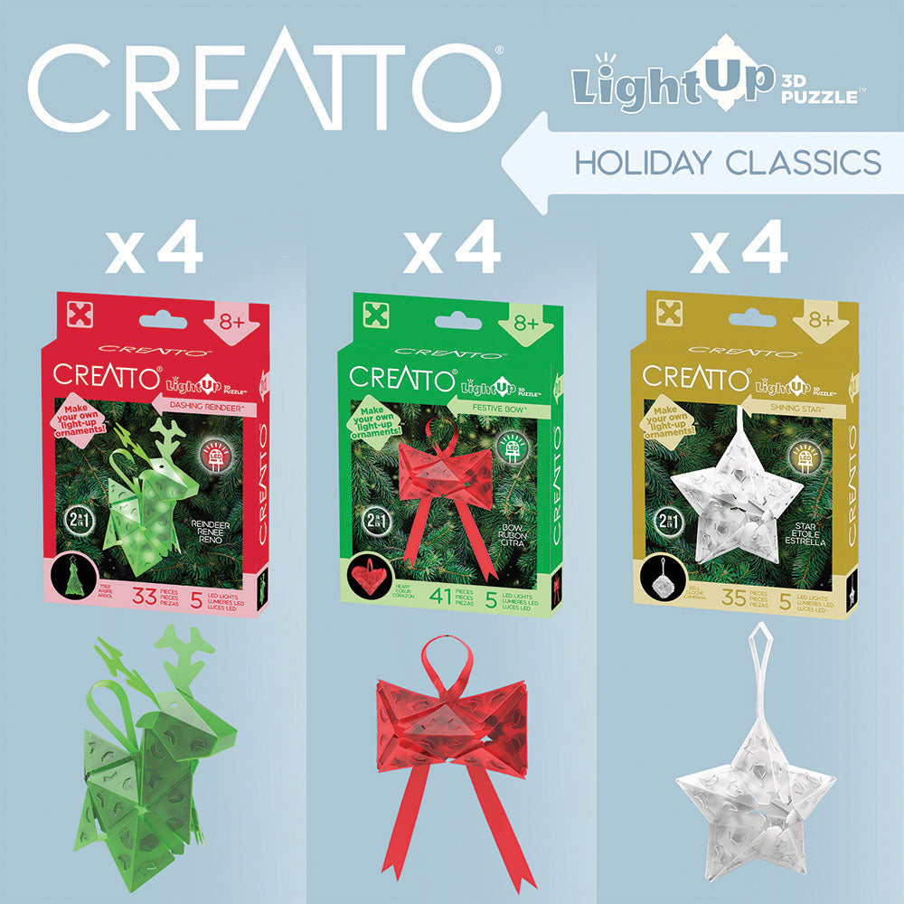 Creatto Holiday Classics - Dashing Reindeer, Shining Star, and Festive Bow in Display (12 units) Light-Up 3D Puzzles Thames & Kosmos   