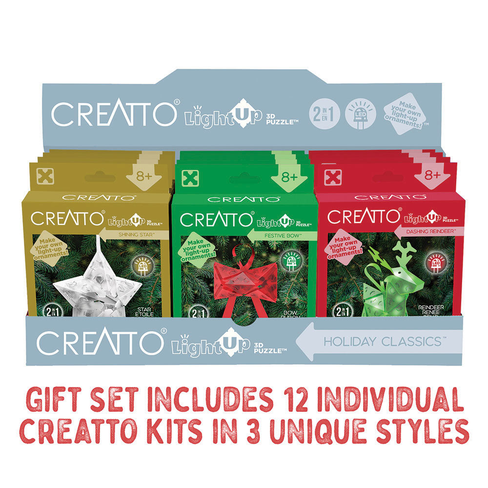 Creatto Holiday Classics 12-Pack Bundle - Dashing Reindeer, Shining Star, and Festive Bow in Display (12 units) Light-Up 3D Puzzles Thames & Kosmos   