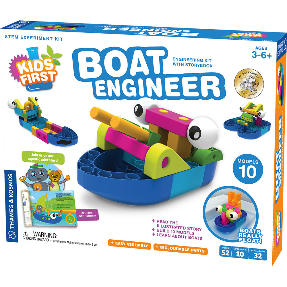 Playing assembling little blue boat with colorful children's assembling  pieces. 